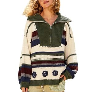 Olive & Cream Striped Half-Zip Knit Sweater